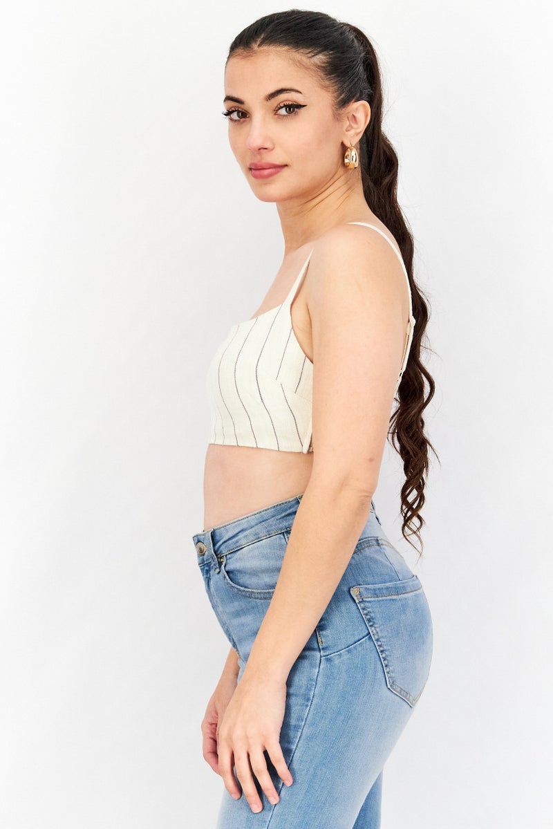 Asos Design Women Square Neck Sleeveless Stripe Cropped Top, Beige - Image 4