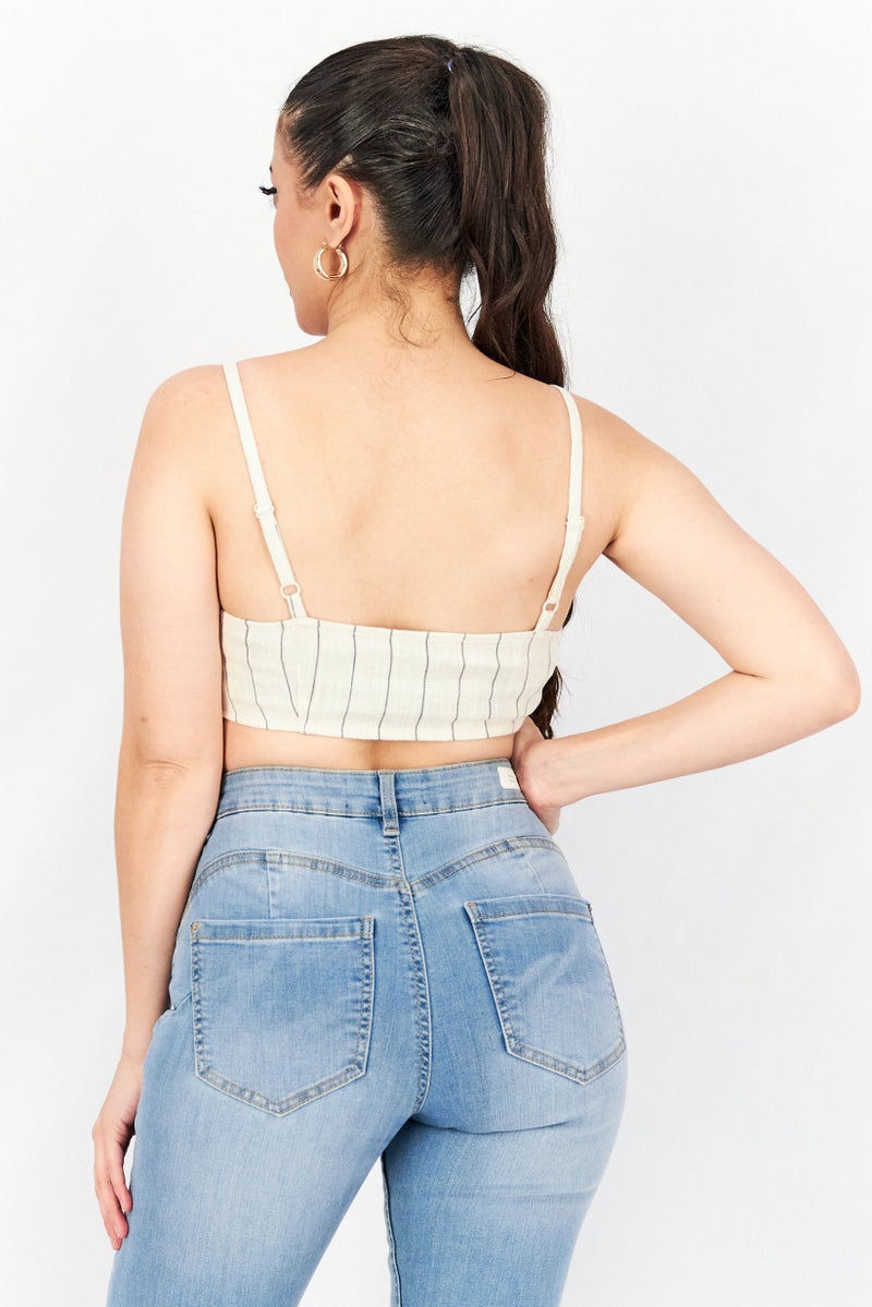Asos Design Women Square Neck Sleeveless Stripe Cropped Top, Beige - Image 2
