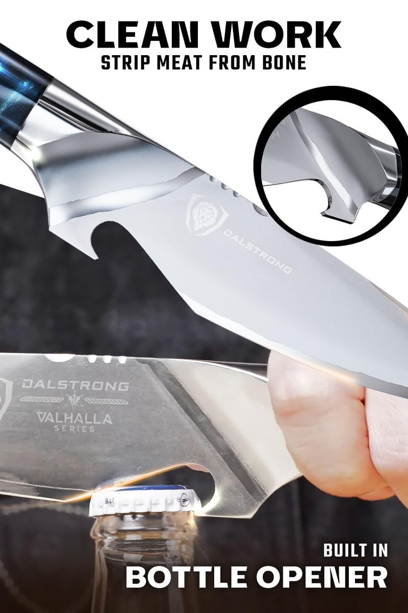 Dalstrong BBQ Piranha Knife - 6 inch - Valhalla Series - 9CR18MOV HC Steel - Celestial Resin & Wood Handle Gift Knife - Built-in Bottle Opener - Meat Cutting, Carving, Bone, Trimming - Leather Sheath - Image 3
