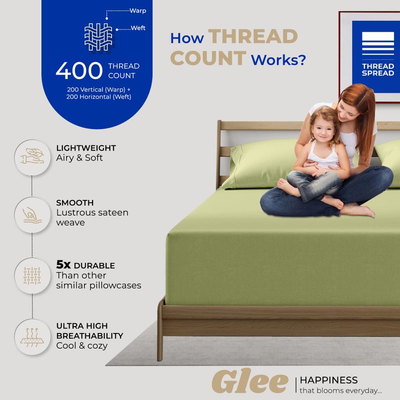 THREAD SPREAD 100% Cotton Pillowcases Standard/Queen Size Set of 2-400 Thread Count Cotton Pillowcases, Ultra Soft Cool Sateen Weave Pillow Cases for Sleeping, Set of 2 Pillow Covers (Sage Green) - Image 2