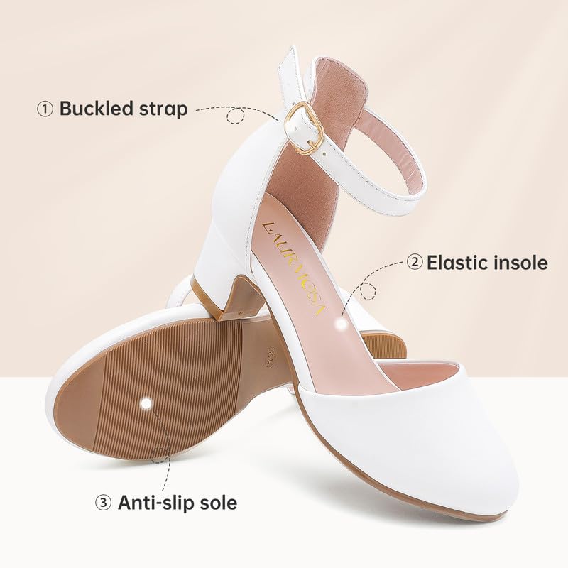 LAURMOSA Girls White Dress Shoes Heels for Girls Princess Flower Girl for Wedding Easter Church First Communion Closed Toe Ankle Strap Pumps Shoes for Little Big Kids(L1012White 2) - Image 5