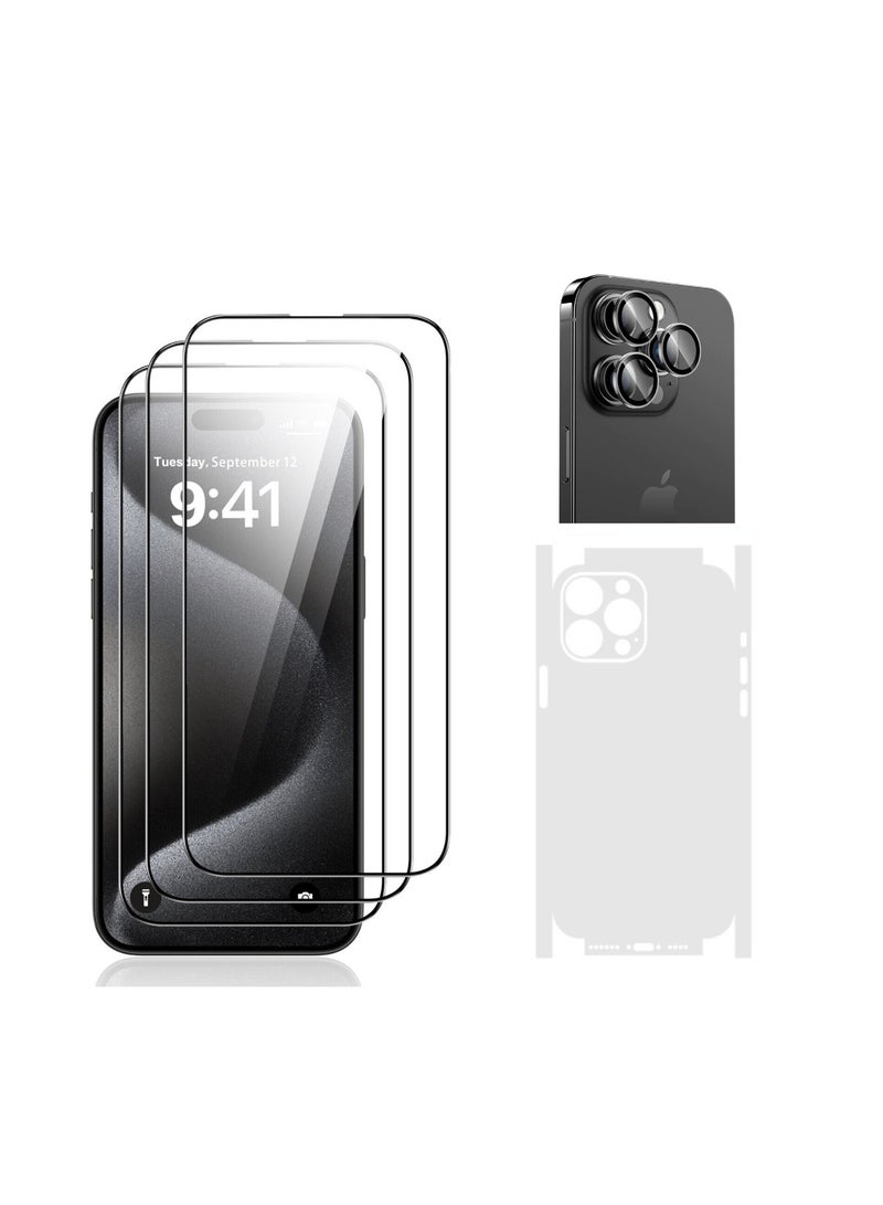 DIGI CORE iPhone 15 Pro Max Screen Protector 3 Pack 6.7 Inch 2.5D Curved Edges With iPhone 15 Pro Max Camera Lens Protector And Anti-Scratch iPhone Back PVC Clear Sheet Set (Black Titanium, iPhone 15 Pro Max) - Image 1