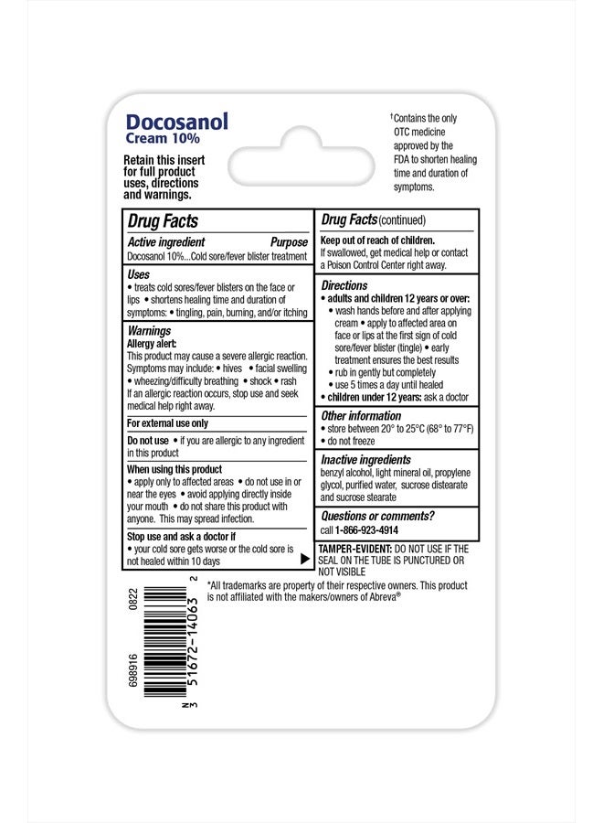 Taro Cold Sore/Fever Blister Treatment - Docosanol 10% Cream (0.07 oz - 1 Tube) - Image 2