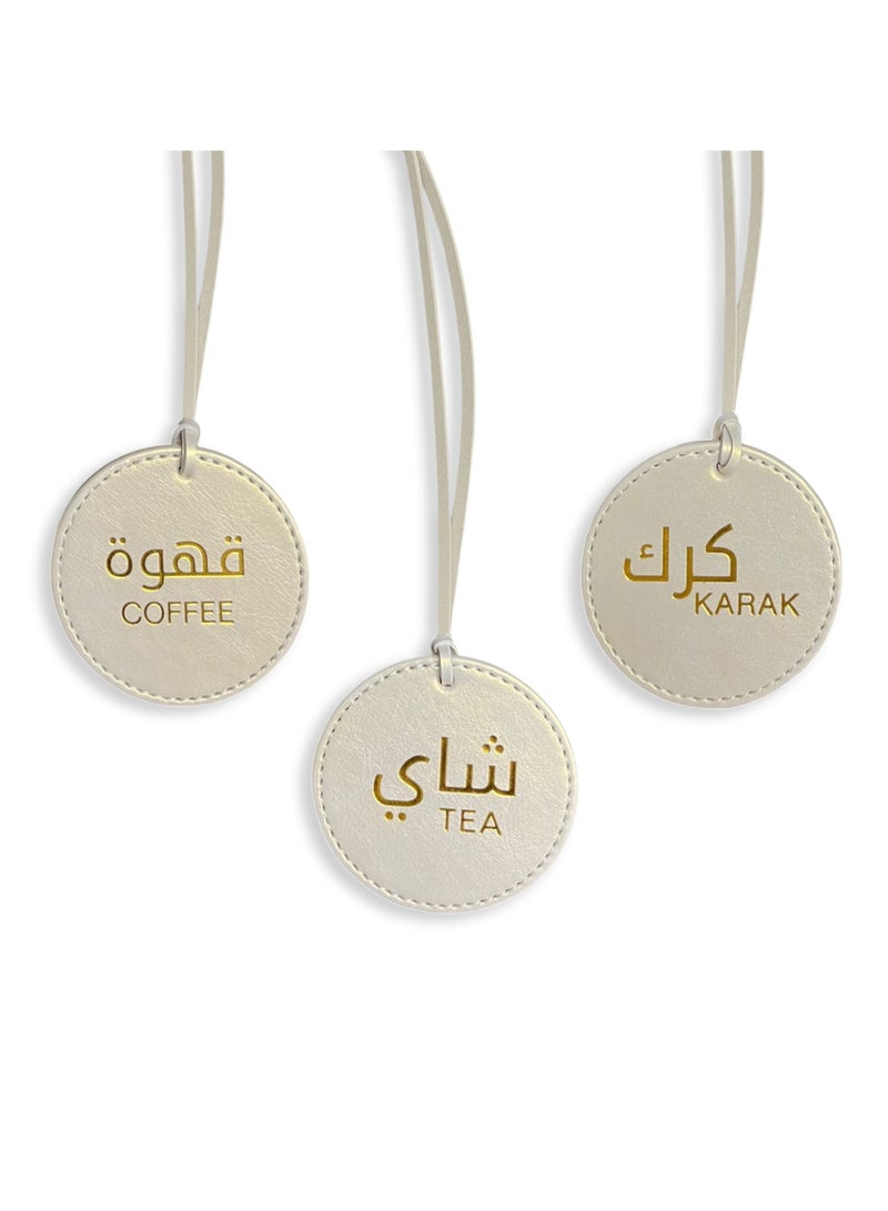 LeArt Dallah Flask Tags - Dallah Coffee Pot, Tea, Coffee and Karak Tag | Dallah Tags (Metallic Cream - Set of 3) - Image 1