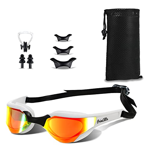 Primalite Swimming Goggles Mirrored- 3 Sizes Replaceable Nose Bridge | Anti-Fog, UV Protection for Adults Men Women- Free Nose Clip, Ear Plugs, Mesh Bag- No Leaking, Adjustable Strap, Wide View- White - Image 1