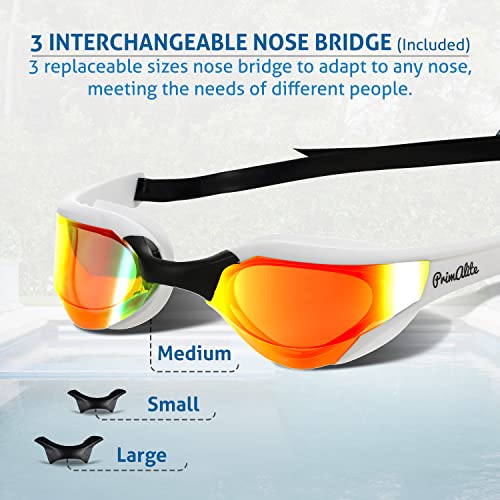 Primalite Swimming Goggles Mirrored- 3 Sizes Replaceable Nose Bridge | Anti-Fog, UV Protection for Adults Men Women- Free Nose Clip, Ear Plugs, Mesh Bag- No Leaking, Adjustable Strap, Wide View- White - Image 2