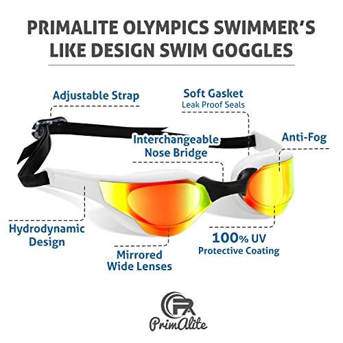 Primalite Swimming Goggles Mirrored- 3 Sizes Replaceable Nose Bridge | Anti-Fog, UV Protection for Adults Men Women- Free Nose Clip, Ear Plugs, Mesh Bag- No Leaking, Adjustable Strap, Wide View- White - Image 3