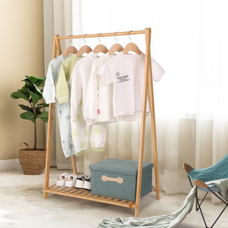 Jotsport Small Clothes Rack Kids Dress Up Storage for Playroom, Toddlers Bedroom, Bamboo Child Garment Rack with Storage Shelf, Kids Clothing Rack Costumes Organizer - Image 3