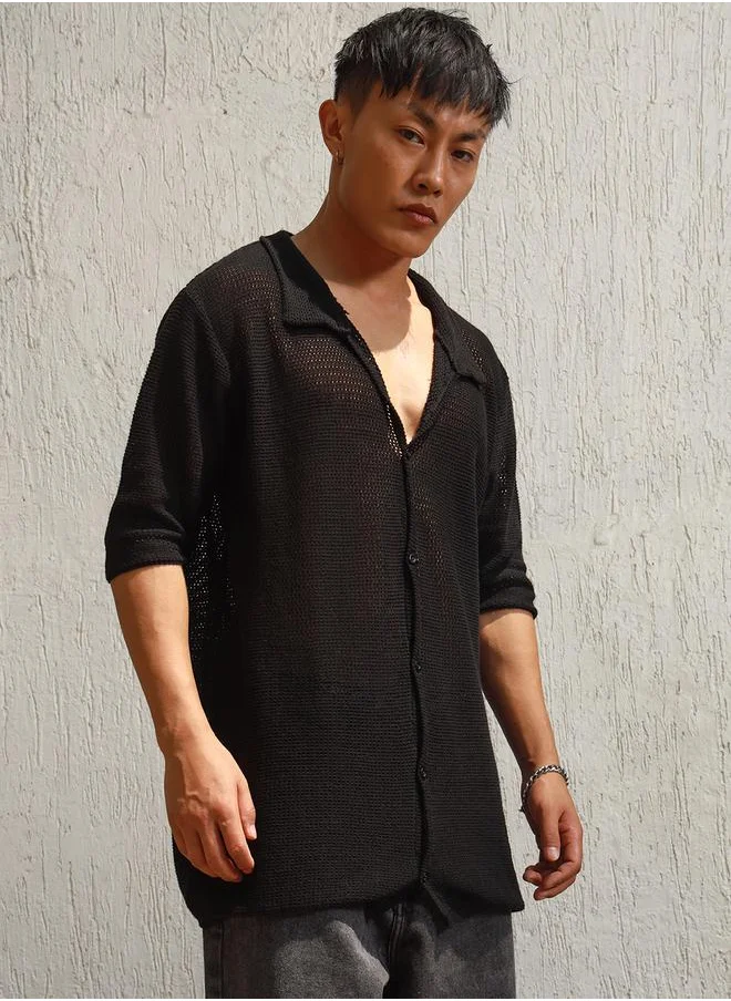 Hubberholme Semi-Sheer Spread Collar Oversized Casual Shirt by Styli