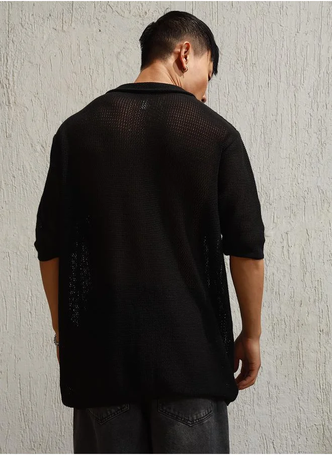 Hubberholme Semi-Sheer Spread Collar Oversized Casual Shirt by Styli