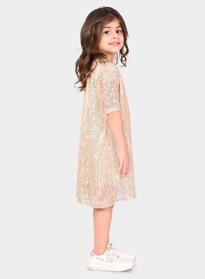 بونكيدز Regular Fit Printed Champagne Cotton Dresses For Girls Round Neck Flat Collar Pull On 100 % Cotton