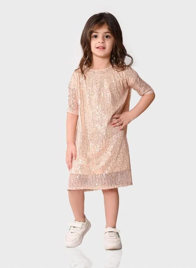 بونكيدز Regular Fit Printed Champagne Cotton Dresses For Girls Round Neck Flat Collar Pull On 100 % Cotton