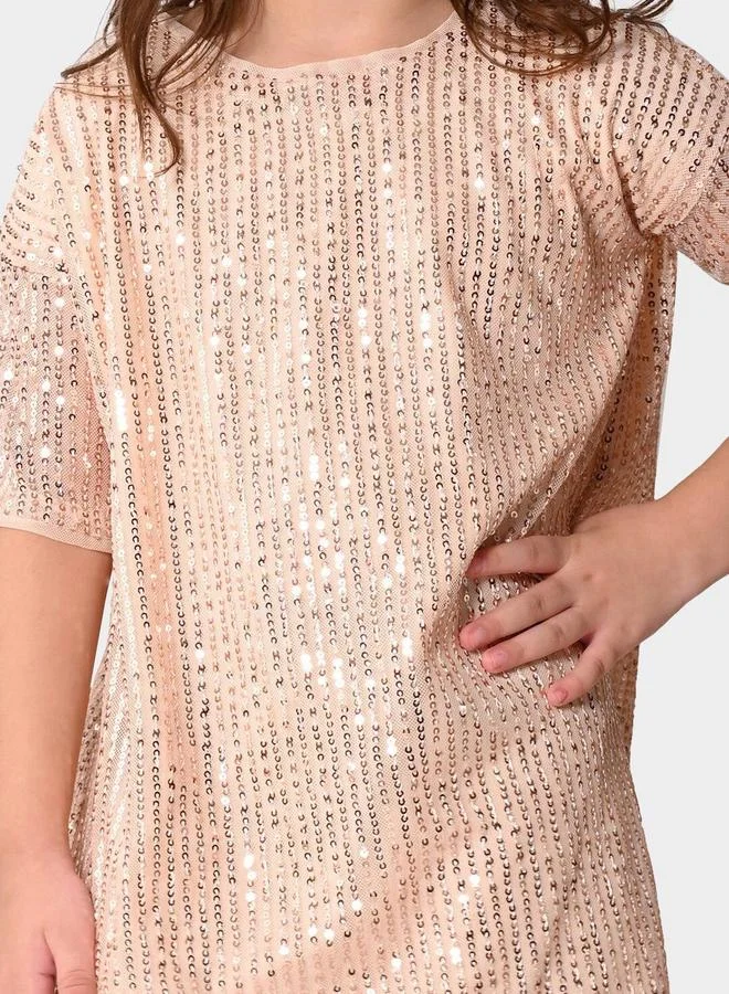 بونكيدز Regular Fit Printed Champagne Cotton Dresses For Girls Round Neck Flat Collar Pull On 100 % Cotton