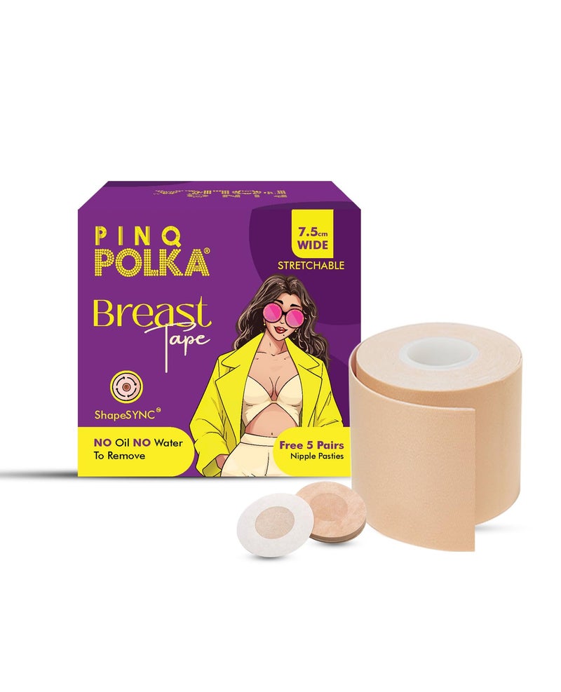 PINQ POLKA Breast Lift Tape (1 Pcs) with 10 Nipple Pasties| Perfect Shape Enhancer for Women |Breathable|Skin Friendly Adhesive |Up to 12 Hrs Sticking Capacity|Nude Colour|7.5CM Wide & 5m Long - Image 1