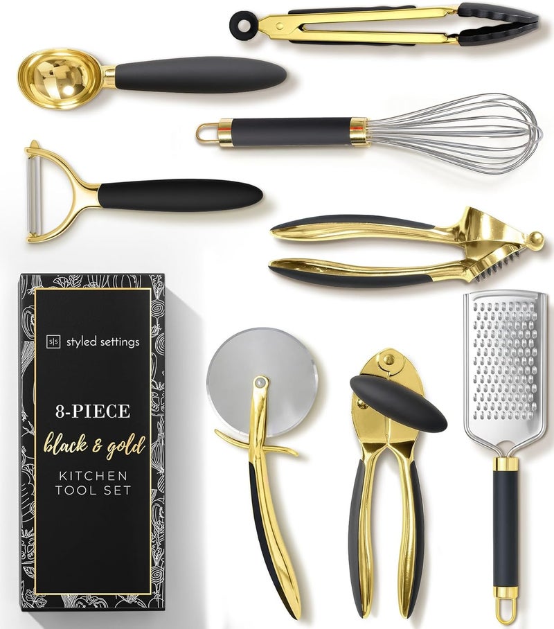 styled settings Black and Gold Kitchen Utensils - Luxe 8-Piece Gold Kitchen Tools Set with Can Opener, Pizza Cutter, Peeler, Mini Whisk, and Tongs - Stylish Accessories for Modern Cooking and Ideal for Gifting - Image 1