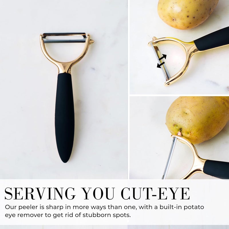 styled settings Black and Gold Kitchen Utensils - Luxe 8-Piece Gold Kitchen Tools Set with Can Opener, Pizza Cutter, Peeler, Mini Whisk, and Tongs - Stylish Accessories for Modern Cooking and Ideal for Gifting - Image 5