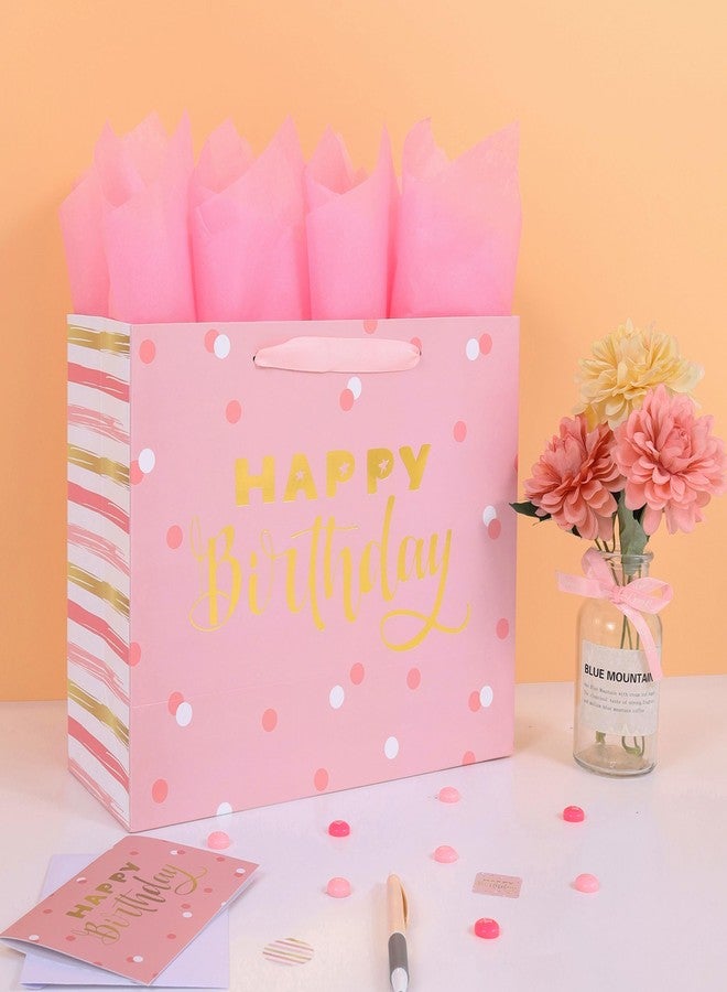 wishinside مجموعة حقائب هدايا عيد ميلاد كبيرة وردية اللون مقاس 13 بوصة من wishinside، مزودة بمقابض، وبطاقة تهنئة، ومناديل ورقية، وملصقات للبنات والسيدات والأطفال والمراهقين، بتصميم "عيد ميلاد سعيد" من رقائق الذهب، قطعة واحدة - Image 5