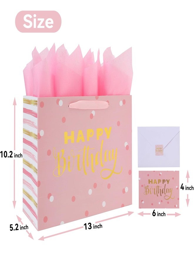 wishinside مجموعة حقائب هدايا عيد ميلاد كبيرة وردية اللون مقاس 13 بوصة من wishinside، مزودة بمقابض، وبطاقة تهنئة، ومناديل ورقية، وملصقات للبنات والسيدات والأطفال والمراهقين، بتصميم "عيد ميلاد سعيد" من رقائق الذهب، قطعة واحدة - Image 2
