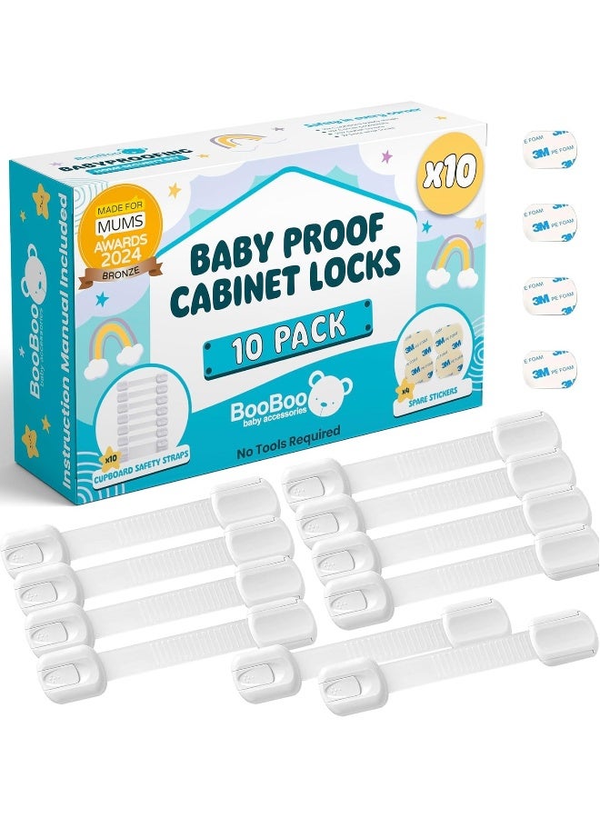 (10 PACK) Premium Cabinet Locks Baby Proofing, Child Proof Cabinet Locks with 3M Adhesive, Drawer Locks Baby Proofing Cabinets with No Drilling, 3M Adhesive + 4 Extra Stickers  - Image 1