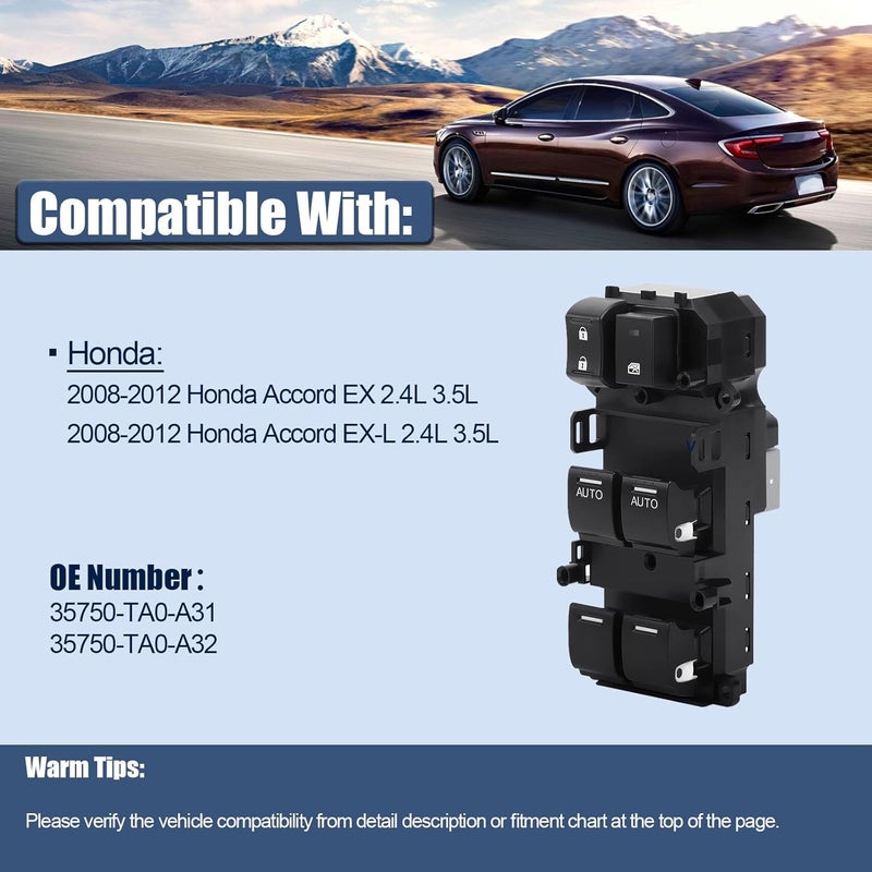 LCWRGS Master Window Switch Compatible with 2008-2012 Honda Accord EX EXL 2.4L 3.5L, Driver Side Power Window Switch, Replace OE 35750-TA0-A31, 35750-TA0-A32 - Image 2