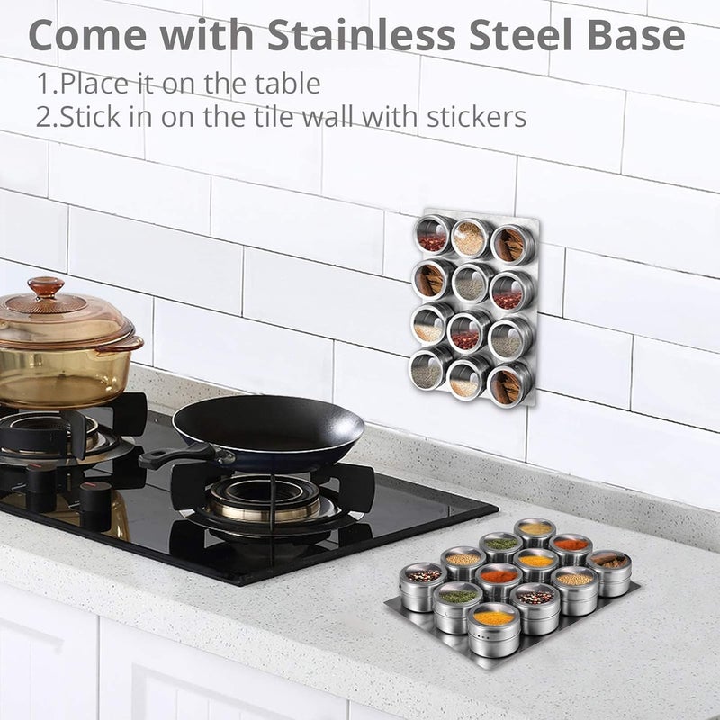 Tanice Spice Jars 12 Pack Magnetic Spice Tins Stainless Steel Transparent Top Magnetic Storage Containers Stick on Refrigerator with 1 Tray, 5 Sheets of Spice Labels and 12 PCS Adhesives for Kitchen - Image 4