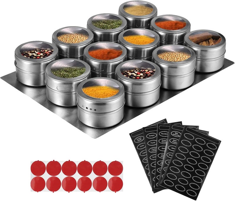 Tanice Spice Jars 12 Pack Magnetic Spice Tins Stainless Steel Transparent Top Magnetic Storage Containers Stick on Refrigerator with 1 Tray, 5 Sheets of Spice Labels and 12 PCS Adhesives for Kitchen - Image 1