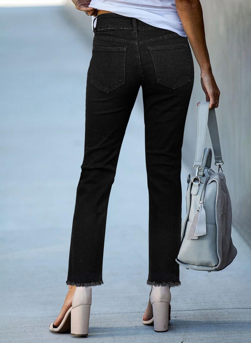 Sidefeel Women's Wide Leg Jeans Trendy 2025 High Waisted Straight Leg Two Buttons Zimbaplatinum Denim Pants Pure Black Size 12 - Image 2