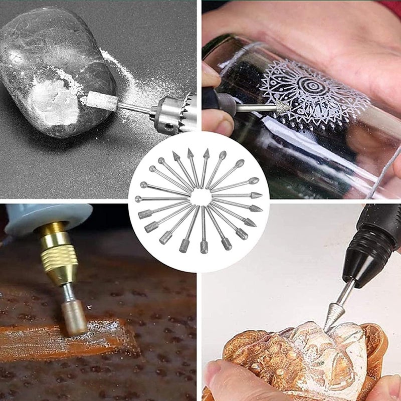 KEWAYO KEWAYO 20Piece Diamond Burr Bit Set  18 Shank Rotary Tools for Stone Glass  Jewelry Carving  Compatible with Dremel for Grinding Engraving  Polishing - Image 3