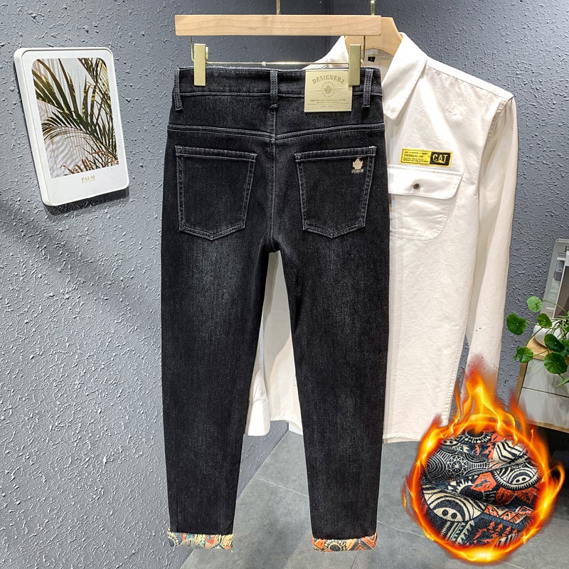 Explosive Men'S Jeans Winter Fashion All-Match Colored Cotton Trendy Men'S Pants Comfortable Fleece-Lined Straight Casual Pants For Boys