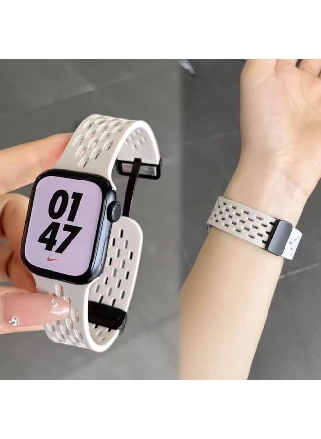 Suitable For Apple S10 Watch Iwatch10 Silicone Sport Strap 8/7/9 Hole Breathable Se Full Series Strap-Color:38/40/41mm [common To Dial] - Cloud Gray (hole Style Folding Buckle)