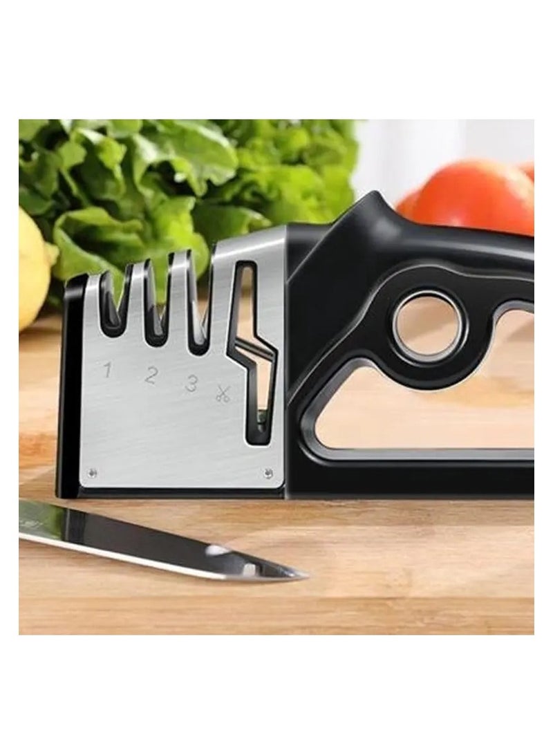 The 4-in-1 Portable Kitchen Knife Sharpener is an important kitchen tool that should be in the kitchen cabinet drawer for sharpening household scissors and the ceramic kitchen knife. It is easy to store in the kitchen cabinet or carry in the butcher's apron pocket.  - Image 5