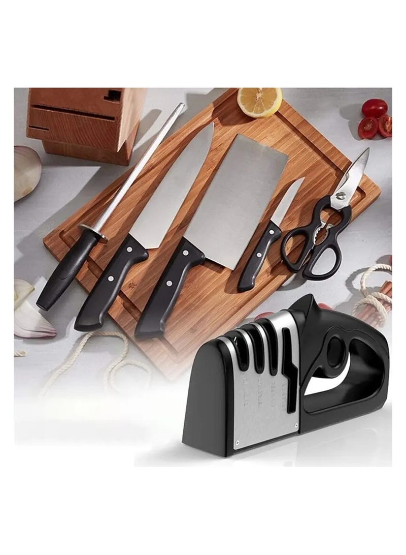 The 4-in-1 Portable Kitchen Knife Sharpener is an important kitchen tool that should be in the kitchen cabinet drawer for sharpening household scissors and the ceramic kitchen knife. It is easy to store in the kitchen cabinet or carry in the butcher's apron pocket.  - Image 1