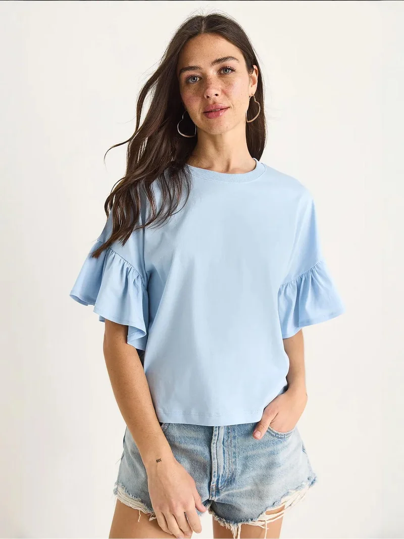 Bianco Lucci LUCCI Ruffle Detail Crew Neck T-Shirt