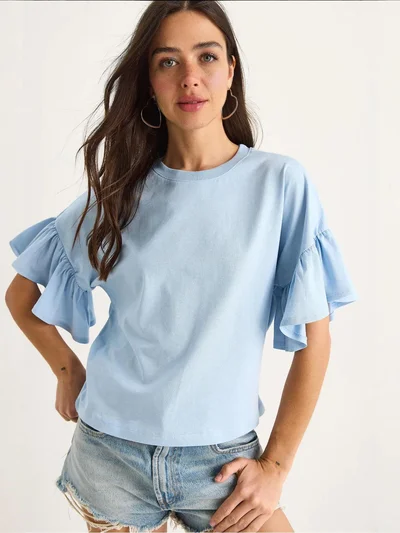 Bianco Lucci LUCCI Ruffle Detail Crew Neck T-Shirt