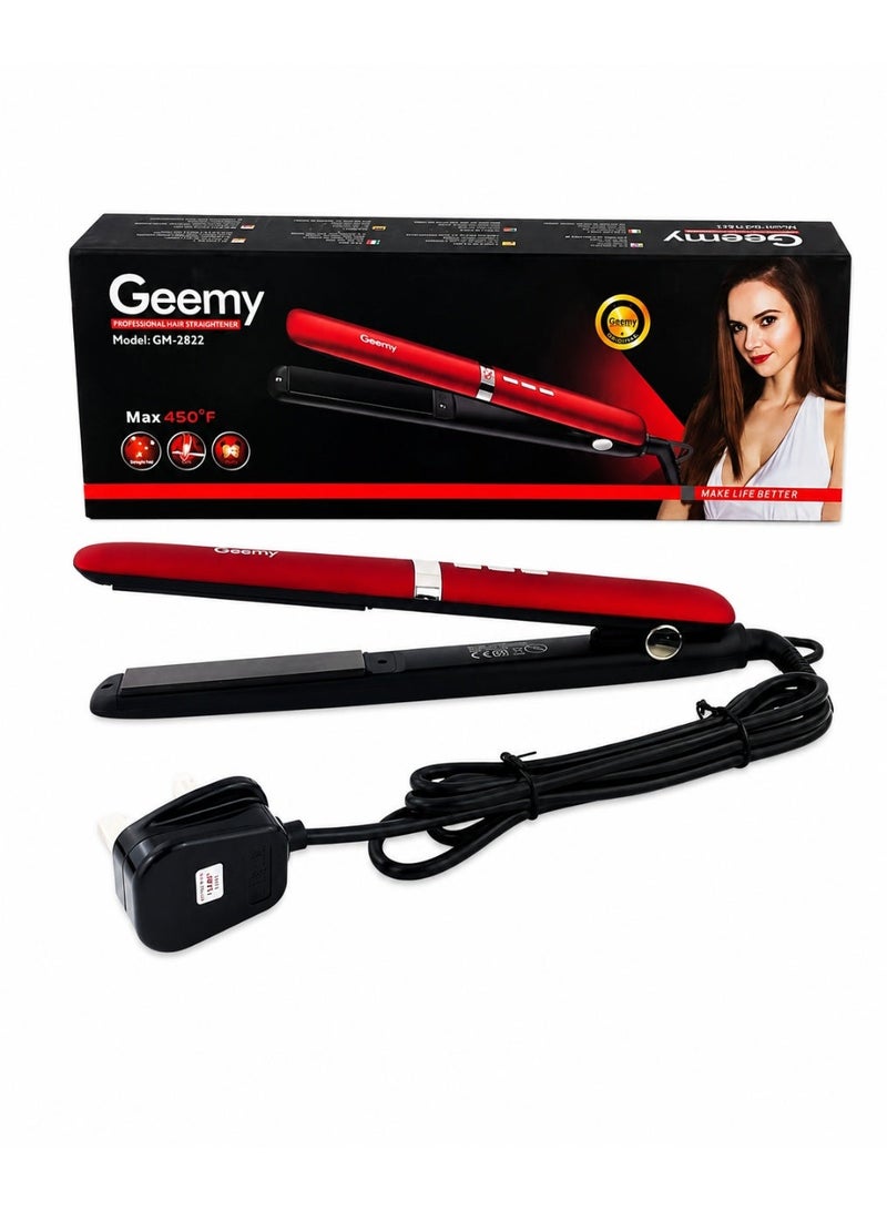 Geemy Professional Hair Straightener GM-2822, Ceramic Coated, Red & Black, Max 450°F - Image 1