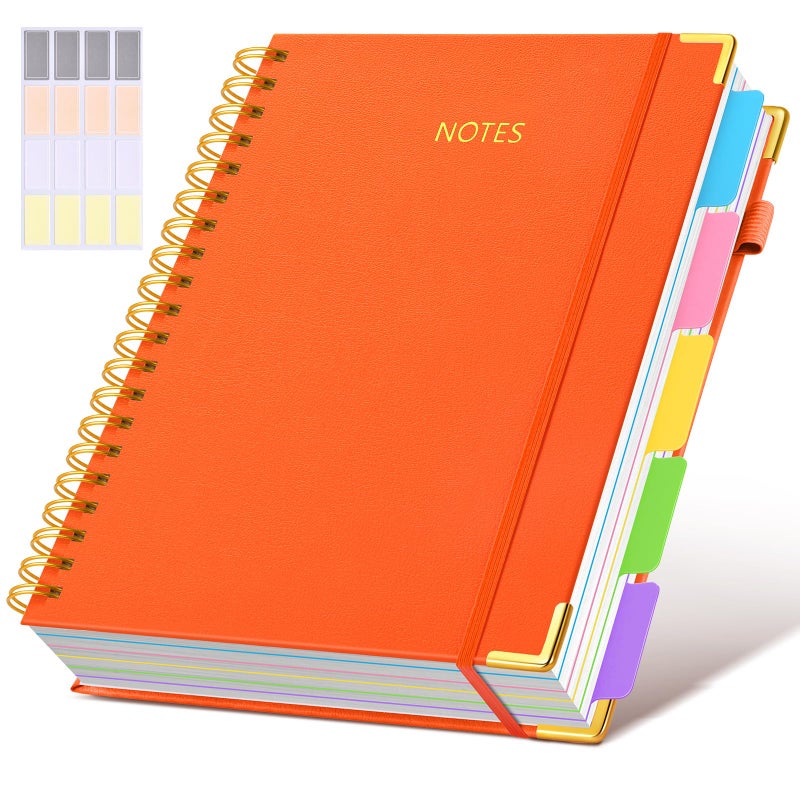 dilitego Hardcover Spiral Notebook 8.5"x11" Journal with Removable Dividers Tabs, 300 Pages Leather 5 Subject Notebook College Ruled, Large Notebooks for Work School, Lined Journal for Women, A4 Orange - Image 1