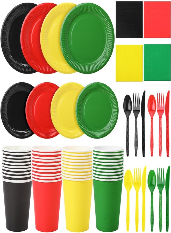 Domensi 280 Pcs Juneteenth Decorations Disposable Paper Plates Napkins Cups Plastic Forks Knives Spoons for African American Appreciation Month Rasta Afro Festival Freedom Day - Image 1