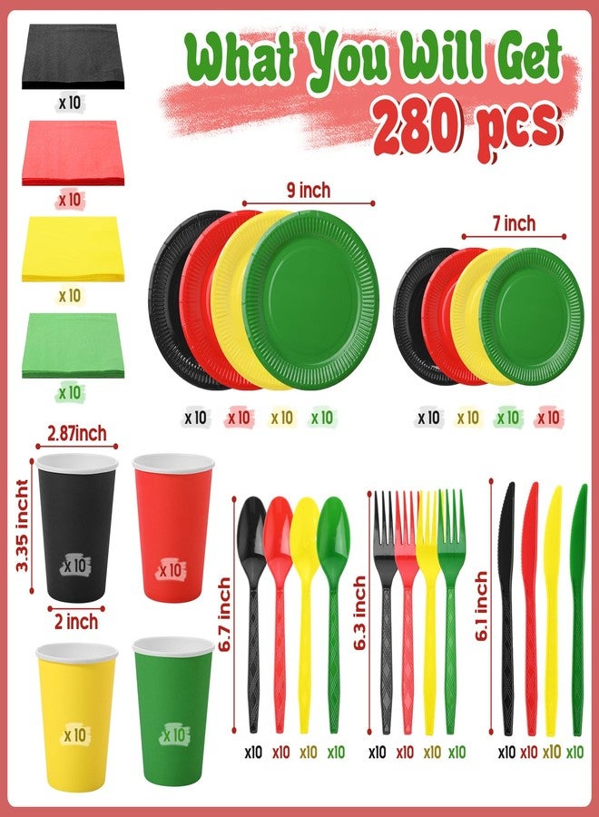 Domensi 280 Pcs Juneteenth Decorations Disposable Paper Plates Napkins Cups Plastic Forks Knives Spoons for African American Appreciation Month Rasta Afro Festival Freedom Day - Image 2