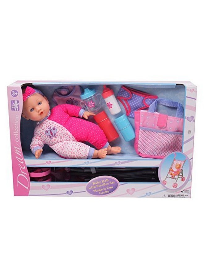 Gi-Go: 14' Baby Doll With Stroller Set, Accessories Include, Bib, Diaper, Sippy Cup, Bottle, Carry Case And More, Realistic Facial Features, For Ages 3 And Up