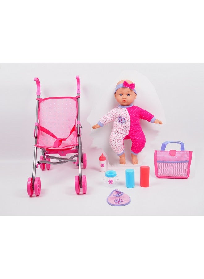Gi-Go: 14' Baby Doll With Stroller Set, Accessories Include, Bib, Diaper, Sippy Cup, Bottle, Carry Case And More, Realistic Facial Features, For Ages 3 And Up