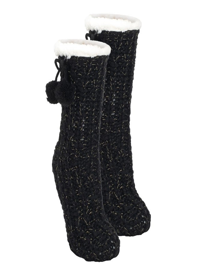 إيلانز ديزاينز جوارب نسائية من إيلانز ديزاينز، سوداء وذهبية لامعة، محبوكة مع كرات بوم بوم، مقاس واحد، مبطنة بالفرو، مانعة للانزلاق، للاستخدام الداخلي - Image 1