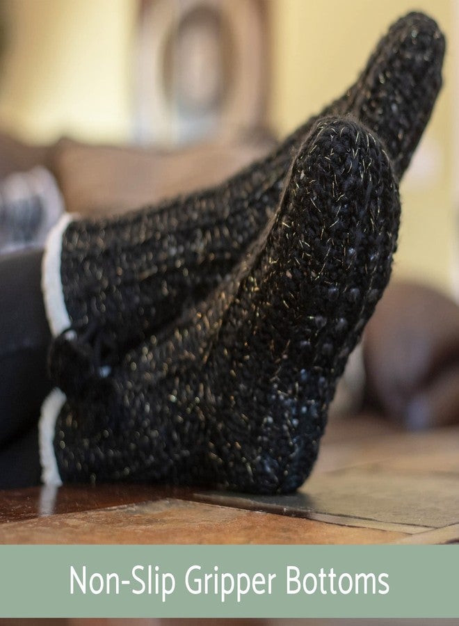 إيلانز ديزاينز جوارب نسائية من إيلانز ديزاينز، سوداء وذهبية لامعة، محبوكة مع كرات بوم بوم، مقاس واحد، مبطنة بالفرو، مانعة للانزلاق، للاستخدام الداخلي - Image 3