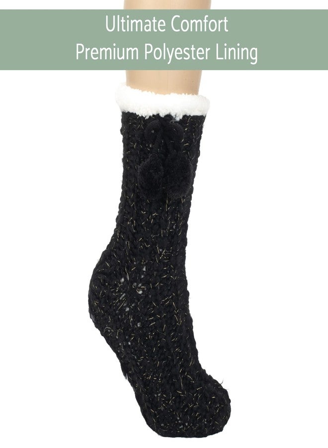 إيلانز ديزاينز جوارب نسائية من إيلانز ديزاينز، سوداء وذهبية لامعة، محبوكة مع كرات بوم بوم، مقاس واحد، مبطنة بالفرو، مانعة للانزلاق، للاستخدام الداخلي - Image 2