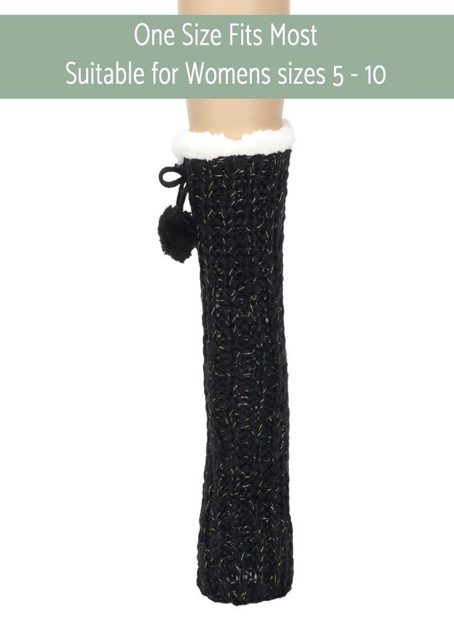 إيلانز ديزاينز جوارب نسائية من إيلانز ديزاينز، سوداء وذهبية لامعة، محبوكة مع كرات بوم بوم، مقاس واحد، مبطنة بالفرو، مانعة للانزلاق، للاستخدام الداخلي - Image 5