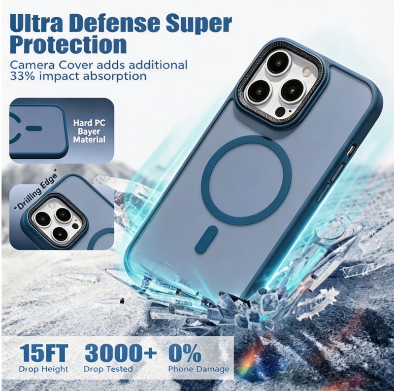 for iPhone 16 Case Compatible with MagSafe,Magnetic Phone Case for iPhone 16,Diamond Texture Matte Anti-Fingerprint Shockproof Luxury INS Style Protective Cover Dark Blue - Image 3