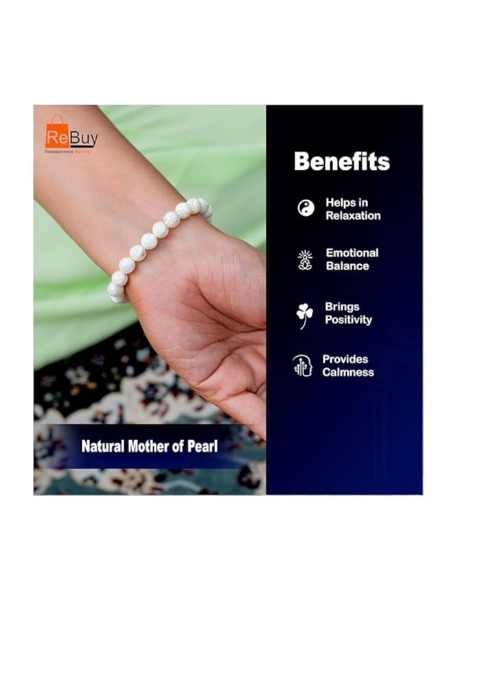 REBUY REBUY Pearl Bracelet Mother of Pearl Bracelet Crystal Healing Bracelet Gemstone Bracelet Jewelry for Men & Women, Color White  - Image 3