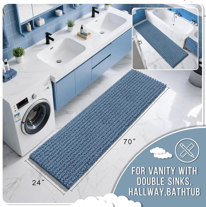 Yimobra Bathroom Runner Rug 70x24 Inch - Extra Long Non Slip Chenille Bath Mat, Soft & Absorbent, Machine Washable Shaggy Hallway Carpet for Vanity Tub Shower, Denim Blue Home Decor Accessories - Image 2