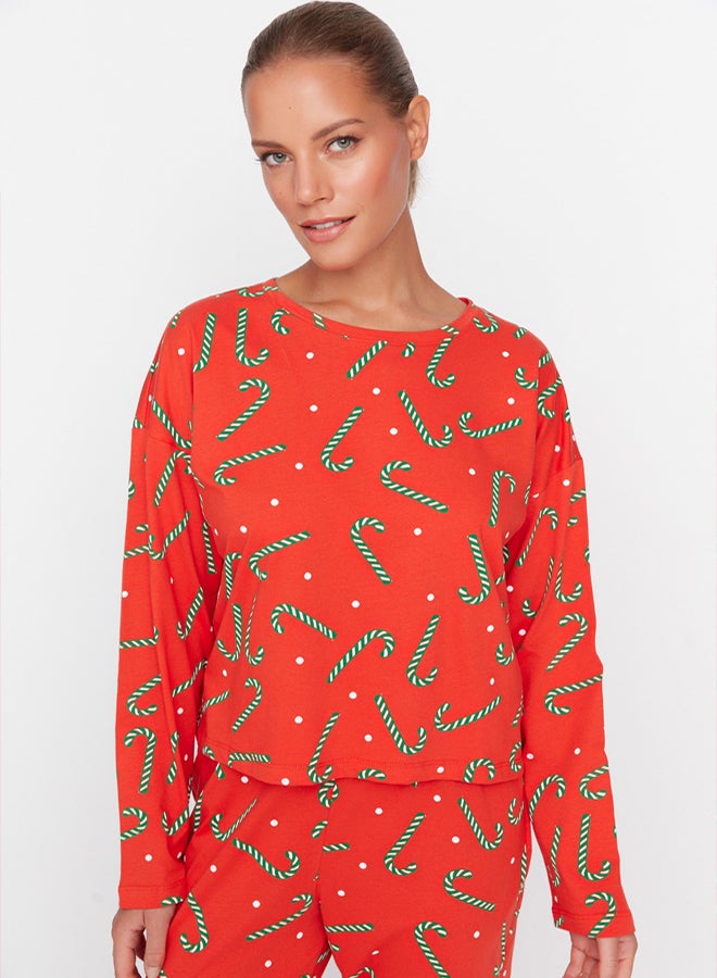 trendyol Red Cotton New Year Themed Tshirt-Jogger Knitted Pajama Set THMAW21PT0771 - Image 3