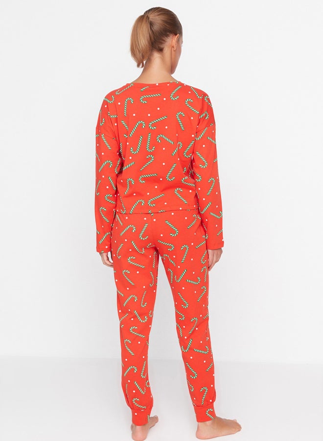 trendyol Red Cotton New Year Themed Tshirt-Jogger Knitted Pajama Set THMAW21PT0771 - Image 5