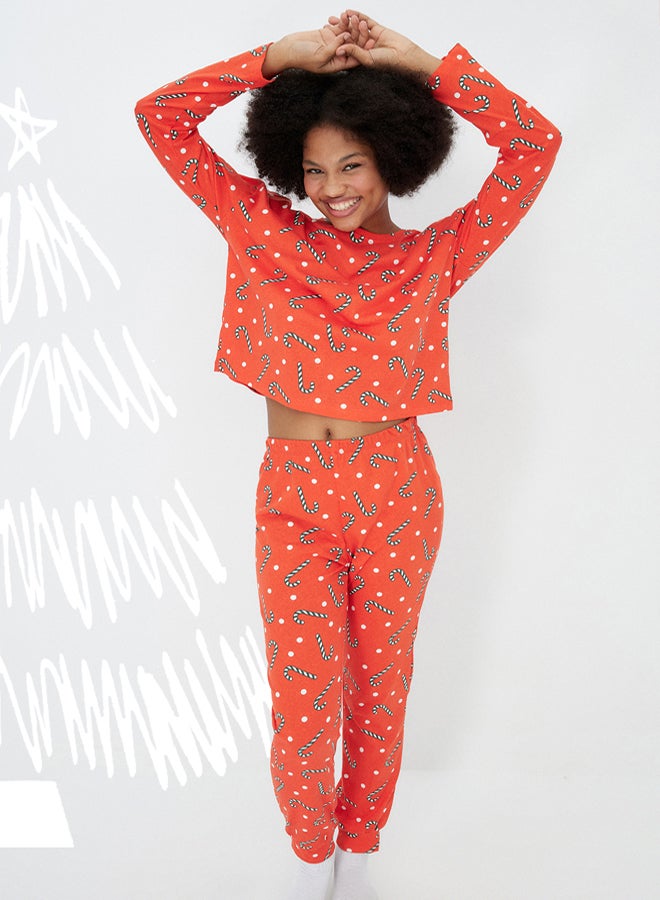 trendyol Red Cotton New Year Themed Tshirt-Jogger Knitted Pajama Set THMAW21PT0771 - Image 2
